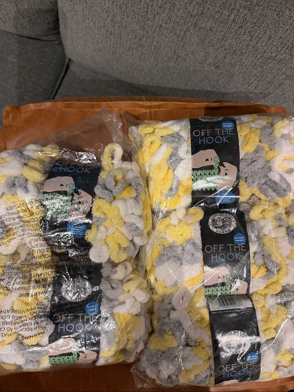 Lion Brand Off The Hook Plush Yarn 5 Skeins Lemon Drop Yellow, Gray & White Loop